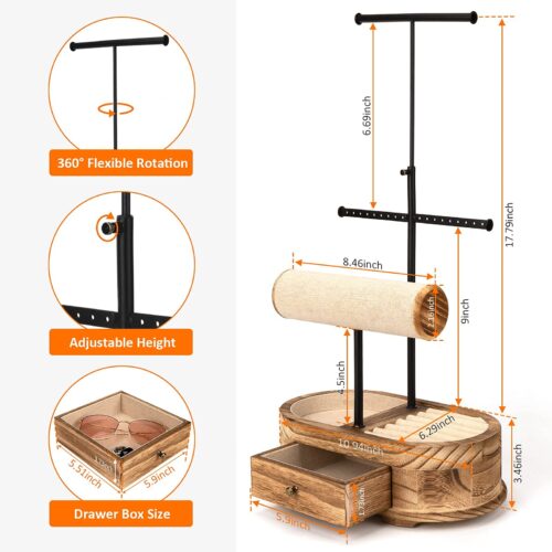 Emfogo Jewelry Organizer Tree Stand Wood Basic Jewelry Drawer Storage Box with Double Rods & 3 Tier Jewelry Holder Bracelet Organizer Necklaces Earring Ring Display
