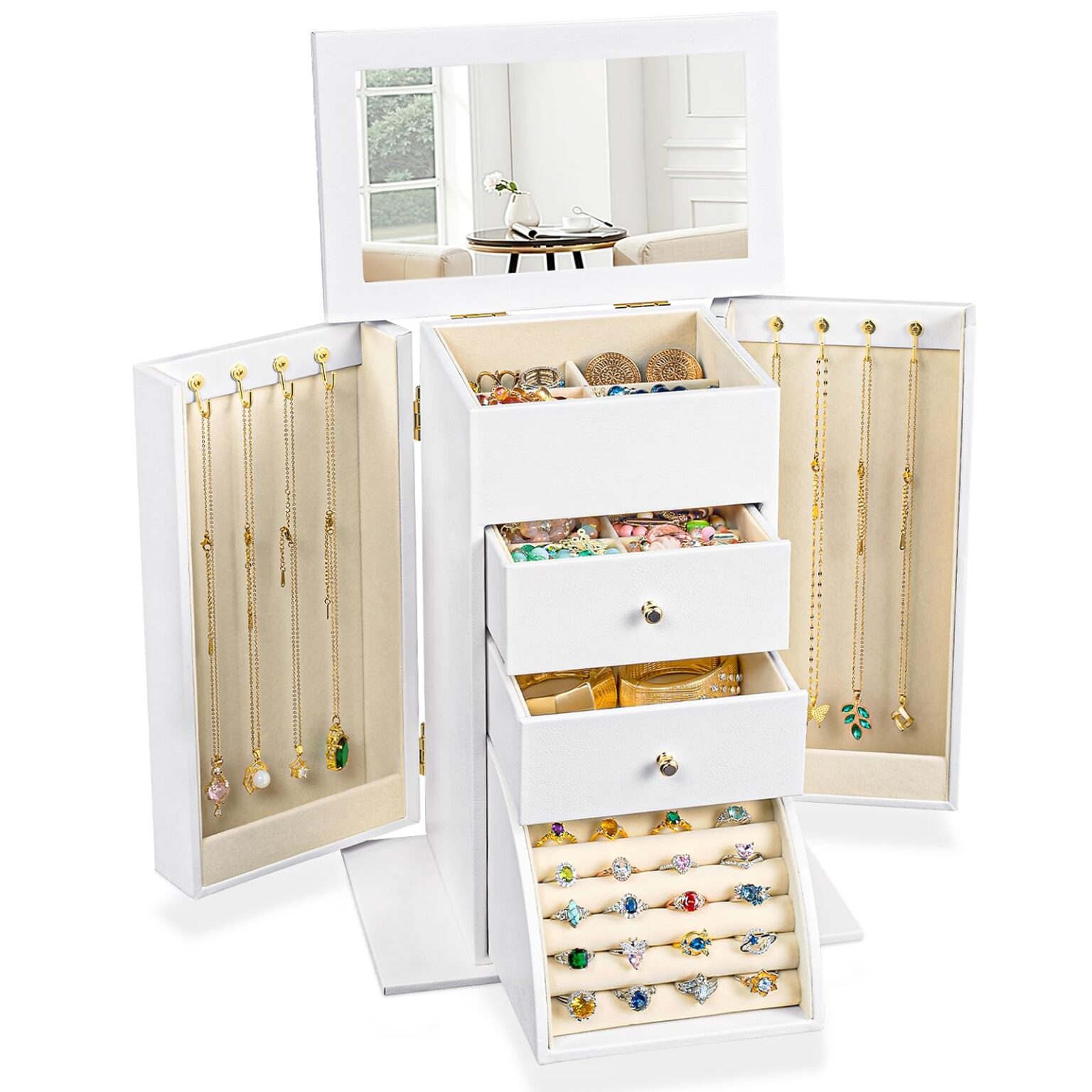 Emfogo Synthetic Leather Jewelry Box Organizer, Large Jewelry Boxes Storage with Mirror Velvet Interior, 4 Tier Jewlery Organizers for Women Girls Dedicated Slots for Ring Necklace