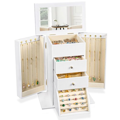 Emfogo Synthetic Leather Jewelry Box Organizer, Large Jewelry Boxes Storage with Mirror Velvet Interior, 4 Tier Jewlery Organizers for Women Girls Dedicated Slots for Ring Necklace