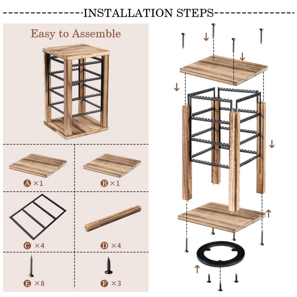 Emfogo 360 Earring Holder Organizer, Rustic Wood Earring Stand, Rotating Wooden Display, 4 Tiers Earring Organizer Stand for Stud Earrings, Hoop Earrings & Necklaces, Women Gifts