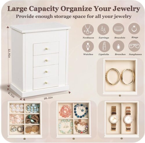 Emfogo Jewelry Boxes for Women, 5-Layer Large Leather Jewelry Organizer Box with Mirror and Drawers, Jewelry Storage for Necklaces Earrings Rings Bracelets