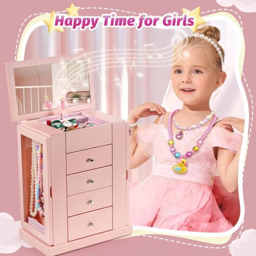 Emfogo Jewelry Box for Girls, Musical Jewelry Box with Spinning Dancer Gifts for Little Girls Christmas New Year Birthday Children's Day, 5 Layer Large Wooden Kids Music Jewelry