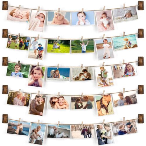 Emfogo Pictures Wall Decor, Wood Hanging Photo Display DIY Decor 5 Strings with 30 Clips, Adjustable Twines fit Multi Photo Wall Display Organizer 35 x 35 inch