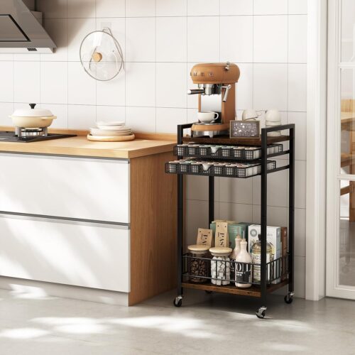 Emfogo Coffee Cart Station, 4-Tier Coffee Station Organizer with Lockable Wheels, Coffee Pod Holder Drawer Holds 84 Pods, Coffee Bar Cart for Kitchen, Living Room, Office, Rustic