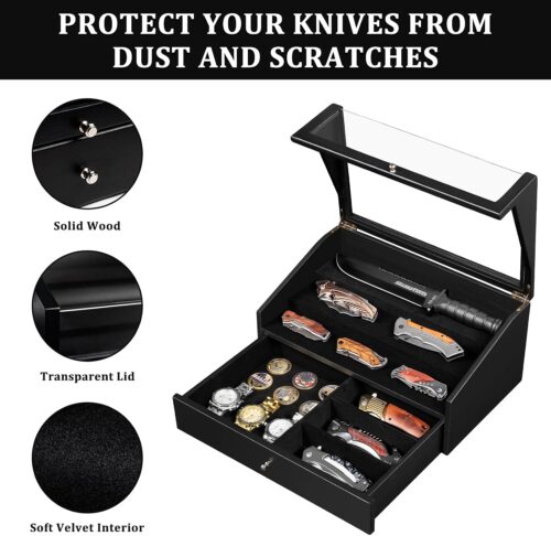 Emfogo Pocket Knife Display Case, Large Knife Collection Box for Folding Knives & EDC Gear, Solid Wood Knife Organizer with Transparent Lid & Drawer, Collector-Grade Gift for Men