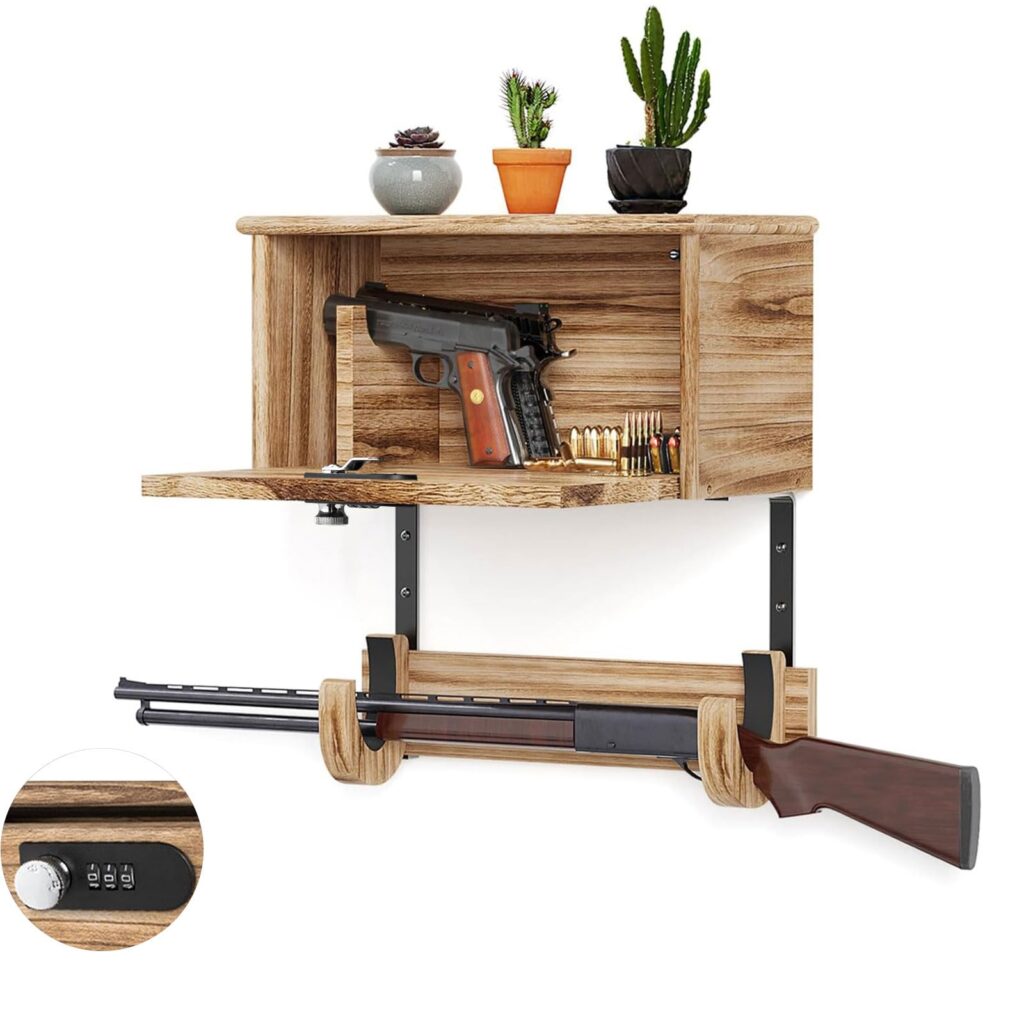 Emfogo Wooden Wall Mount Gun Rack with Lock, 2-in-1 Horizontal Display for Rifle, Shotgun and Dual Pistols, Secure Firearms Storage Hanger