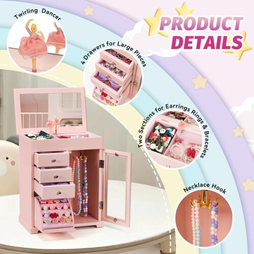 Emfogo Jewelry Box for Girls, Kids Jewelry Box with Spinning Dancer, 5 Layer Large Wooden Musical Jewelry Organizer Box Gifts for Little Girls Christmas New Year Birthday