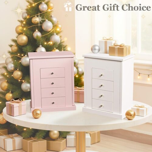 Emfogo Jewelry Boxes for Women, 5-Layer Large Leather Jewelry Organizer Box with Mirror and Drawers, Jewelry Storage for Necklaces Earrings Rings Bracelets