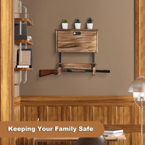 Emfogo Wooden Wall Mount Gun Rack with Lock, 2-in-1 Horizontal Display for Rifle, Shotgun and Dual Pistols, Secure Firearms Storage Hanger