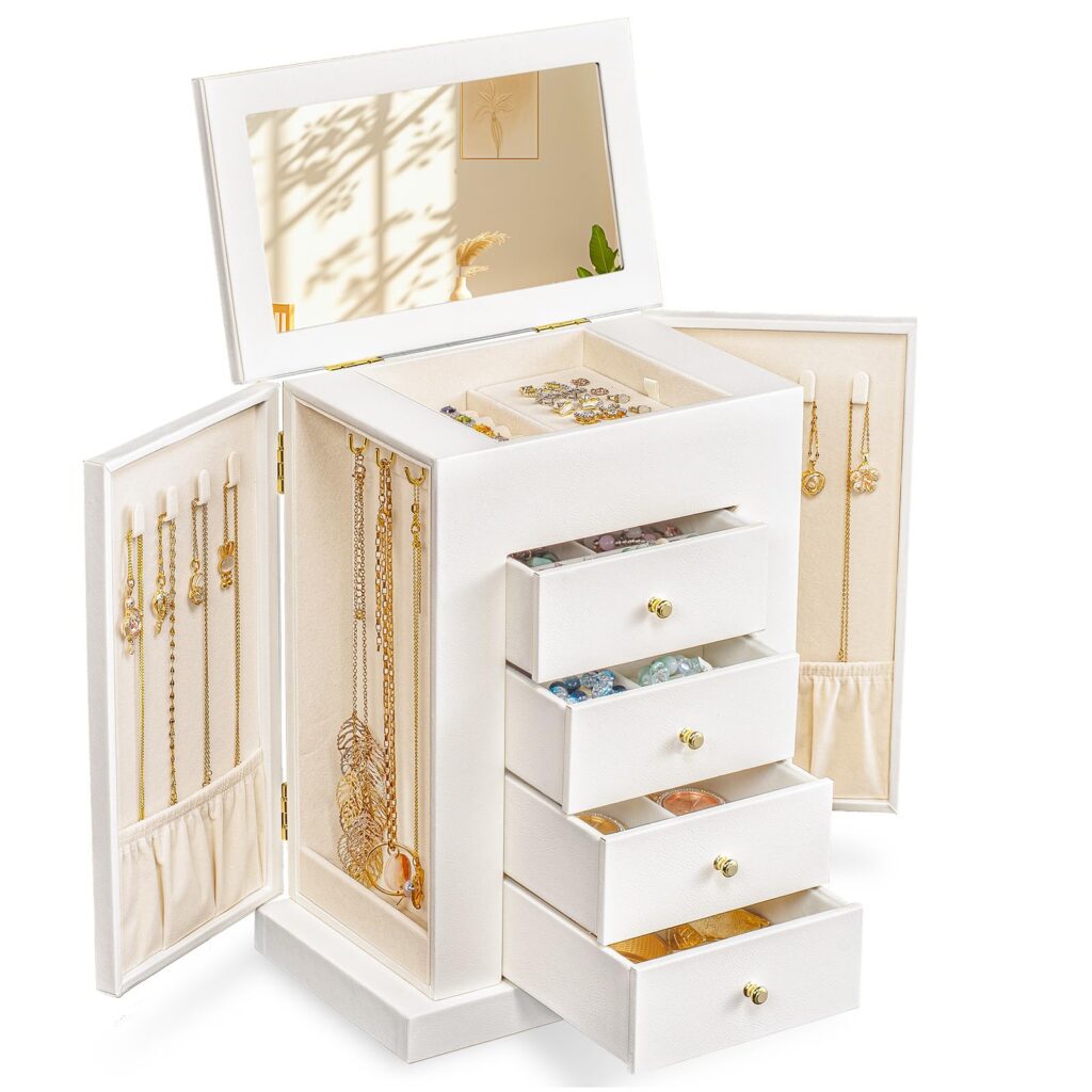 Emfogo Jewelry Boxes for Women, 5-Layer Large Leather Jewelry Organizer Box with Mirror and Drawers, Jewelry Storage for Necklaces Earrings Rings Bracelets