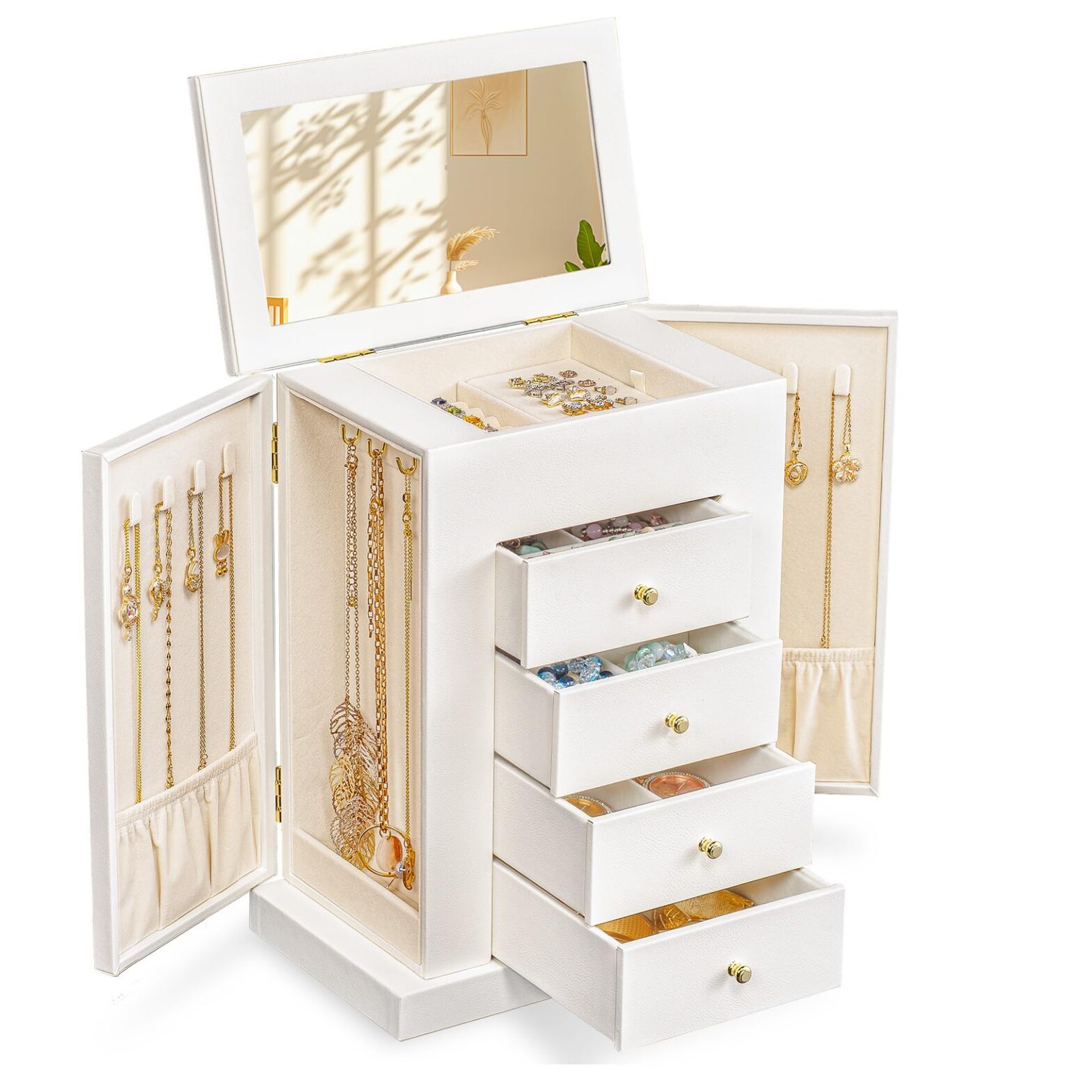 Emfogo Jewelry Boxes for Women, 5-Layer Large Leather Jewelry Organizer Box with Mirror and Drawers, Jewelry Storage for Necklaces Earrings Rings Bracelets
