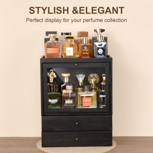 Emfogo Cologne Organizer, 4 Tier Vertical Wood Perfume Stand for Men, Large Capacity Dustproof Perfumes Organizer Cologne Stand with Double Drawer Storage, Gift for Loved ones