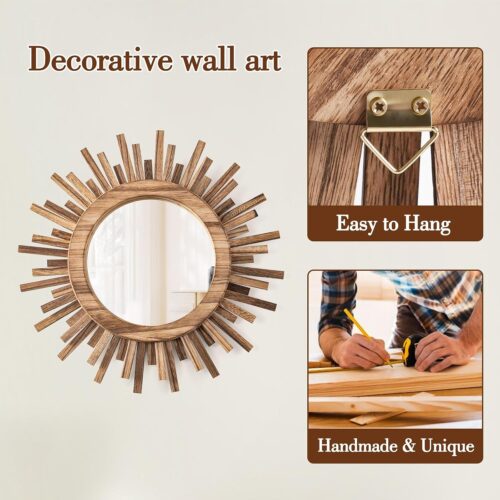 Emfogo 12 Inch Boho Sunburst Mirror, Round Wooden Wall Decor Starburst Sun Mirror for Bedroom, Living Room, Bathroom, Hallway, Balcony, Farmhouse Entryway, Housewarming
