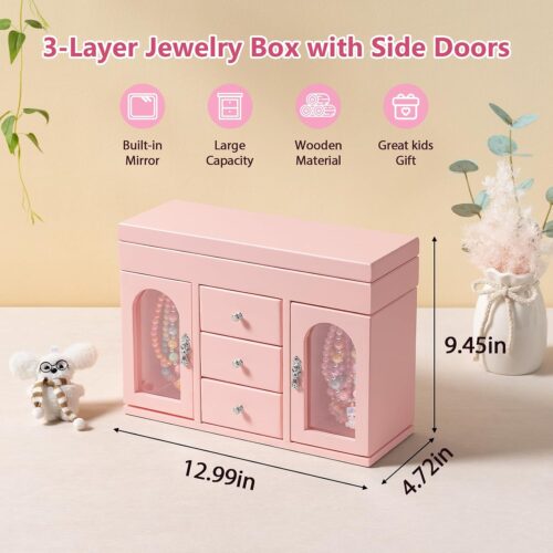 Emfogo Musical Jewelry Box for Girls, Large Wooden Kids Jewelry Organizer with Spinning Ballerina & Mirror, 5-Layer Storage with Drawers & Side Doors, Pink Jewelry Box for Girls