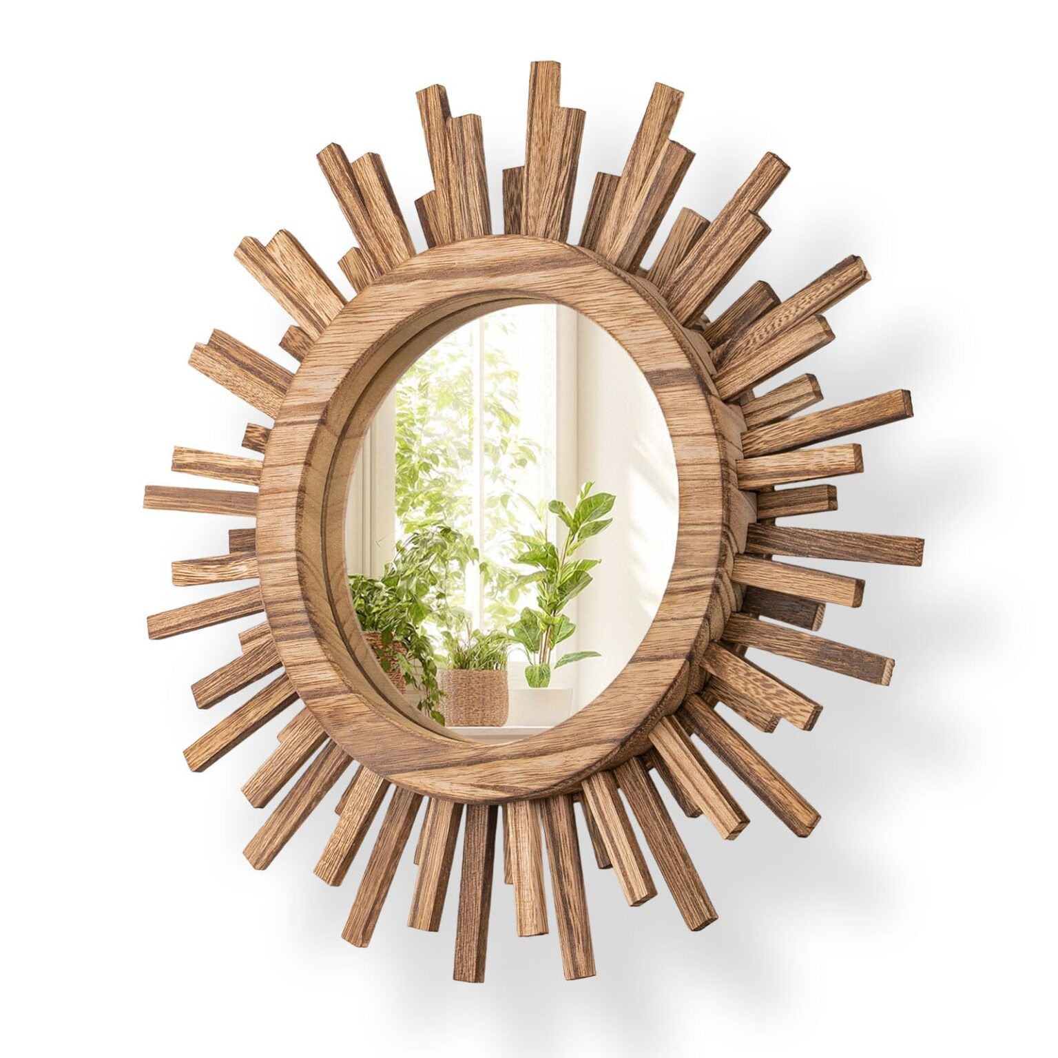Emfogo 12 Inch Boho Sunburst Mirror, Round Wooden Wall Decor Starburst Sun Mirror for Bedroom, Living Room, Bathroom, Hallway, Balcony, Farmhouse Entryway, Housewarming