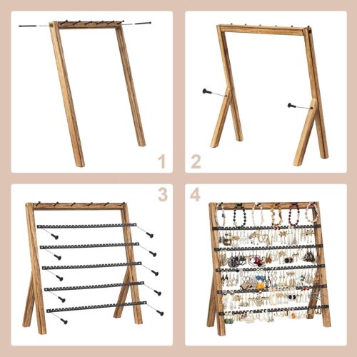 Emfogo Earring Holder Organizer, 6 Tier Earring Display Stand with 285 Holes & 6 Bracelet Rods, Rustic Wood Jewelry Organizer for Earring Bracelet Necklace Ring, Gifts for Women