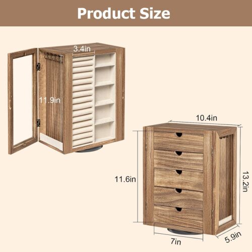 Emfogo 360° Rotating Jewelry Box for Women, Rustic Wooden Jewelry Organizer Box with 5 Drawers, Glass Doors, Vertical Open Design Jewelry Storage Case Display for Earrings Rings