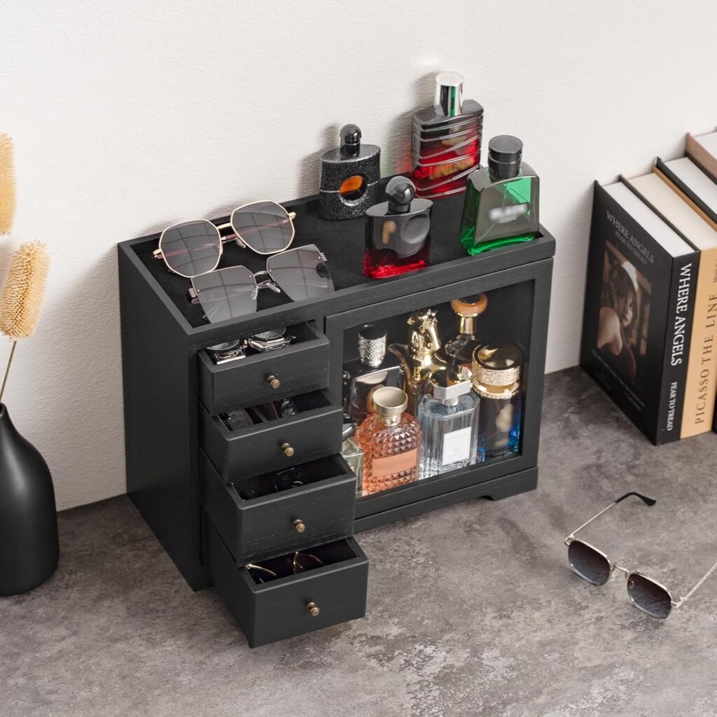 Emfogo Cologne Organizer for Men, 5 Tier Large Capacity organizador de perfumes, Wooden Dustproof Perfumes Organizer Cologne Stand with 4 Drawer Storage,Gifts Ideas for Loved ones