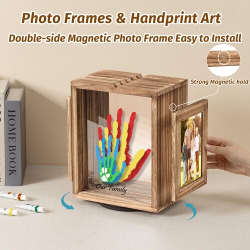 Emfogo 360 Rotating Family Handprint Kit, DIY Craft Keepsake Wooden Frame, Baby Footprint Kit, 5 Paint Colors Included, Non-Toxic Paints&Transparent Sheets, Gifts for Handprint Family Keepsake - Brown