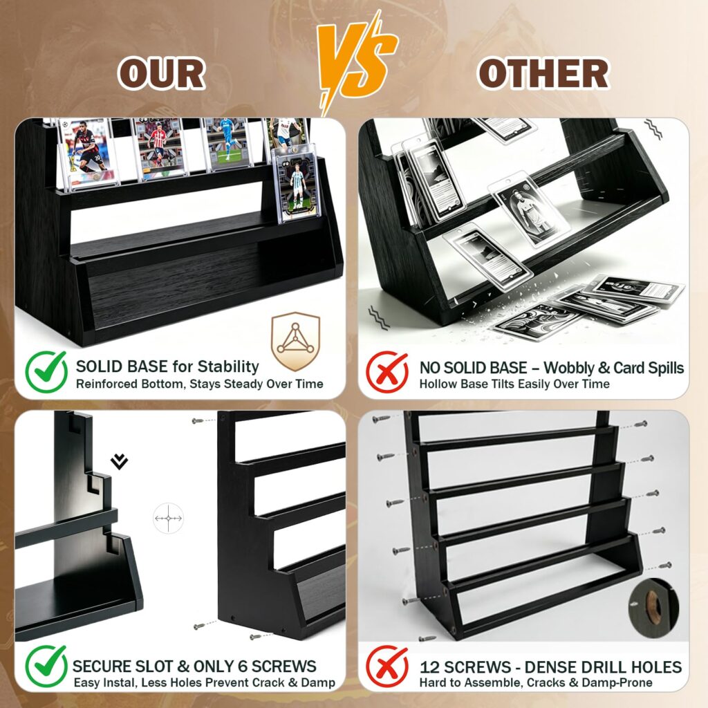 Emfogo Card Display Stand, 4-Tier Trading Card Display with Solid Base, Wooden Graded Sports Card Display, Trading Card Display Stand for Card Collection & Show