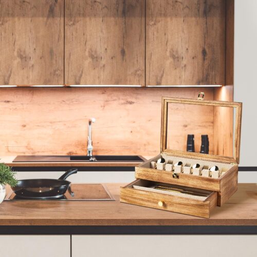 Emfogo Wooden Silverware Storage Box - 2 Layer Carbonized Black