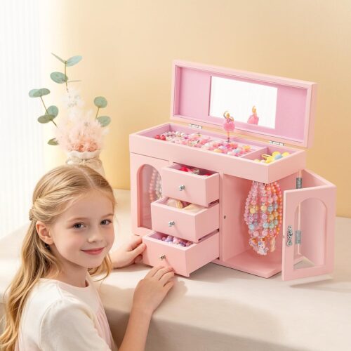 Emfogo Musical Jewelry Box for Girls, Large Wooden Kids Jewelry Organizer with Spinning Ballerina & Mirror, 5-Layer Storage with Drawers & Side Doors, Pink Jewelry Box for Girls