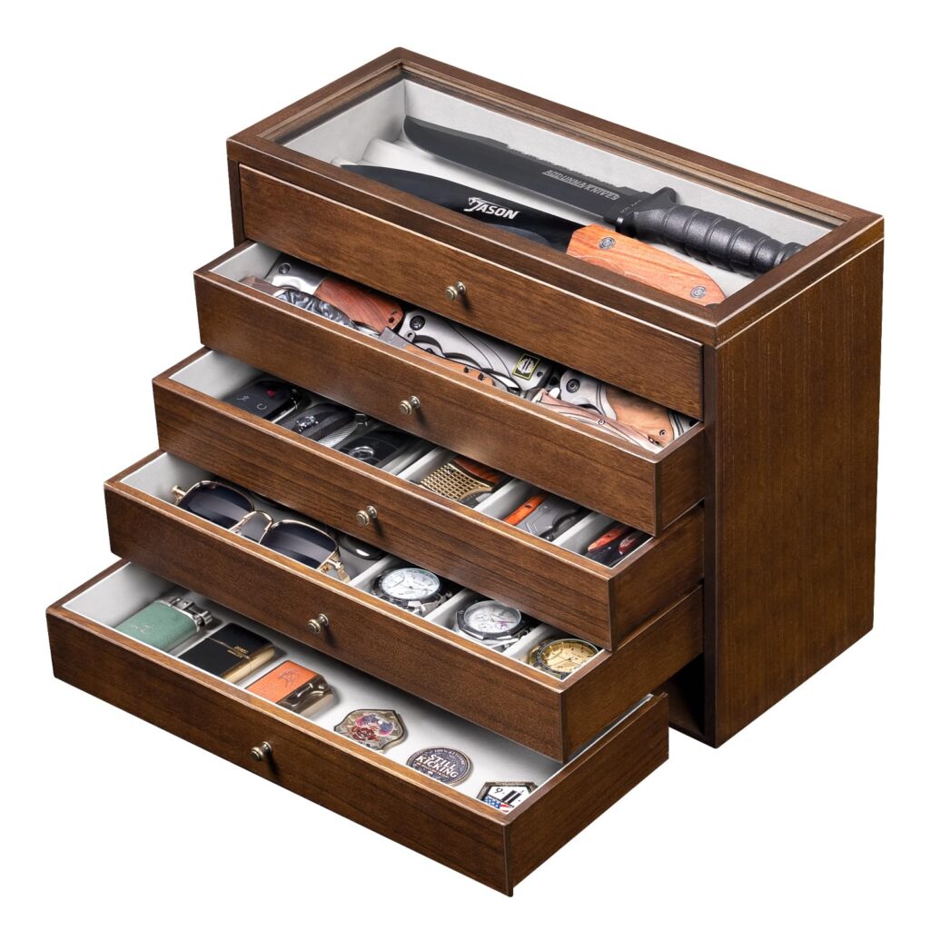 Emfogo 5-Tier Large Knife Display Case & Organizer, Wooden Pocket Knife Storage Box with Transparent Lid, Collector-Grade Holder for Folding Knives and Daggers, Ideal Men‘s Gift