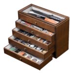 Emfogo 5-Tier Large Knife Display Case & Organizer, Wooden Pocket Knife Storage Box with Transparent Lid, Collector-Grade Holder for Folding Knives and Daggers, Ideal Men‘s Gift