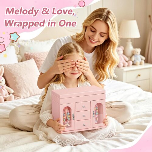 Emfogo Musical Jewelry Box for Girls, Large Wooden Kids Jewelry Organizer with Spinning Ballerina & Mirror, 5-Layer Storage with Drawers & Side Doors, Pink Jewelry Box for Girls