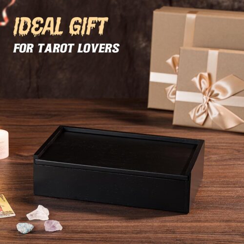 Emfogo Wooden Tarot Card Holder - Slide-Top Lid with 2 Card Slots Holds 8 Cards & Displays Crystals, Multi-Compartment Organizer for Jewelry, Trinket, Keepsake, Witchcraft Supplies
