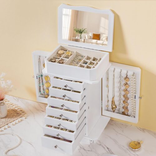 Emfogo Standing Jewelry Armoire Cabinet, Large Standing Jewelry Organizer Box with Top Flip Mirror, 7 Drawers & 2 Side Doors, Jewelry Chest for Rings Earrings Necklaces Bracelets