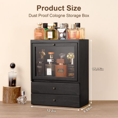 Emfogo Cologne Organizer, 4 Tier Vertical Wood Perfume Stand for Men, Large Capacity Dustproof Perfumes Organizer Cologne Stand with Double Drawer Storage, Gift for Loved ones
