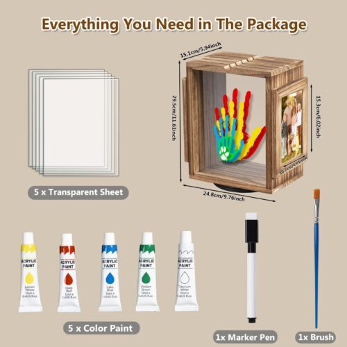 Emfogo 360 Rotating Family Handprint Kit, DIY Craft Keepsake Wooden Frame, Baby Footprint Kit, 5 Paint Colors Included, Non-Toxic Paints&Transparent Sheets, Gifts for Handprint Family Keepsake - Brown