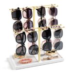 Emfogo Sunglass Organizer, 2-Tier Sunglasses Display Rack for 16 Pairs of Eyewear, Jewelry Holder Stand with Wood Tray Storage for Earrings, Bracelets, Rings & Watches
