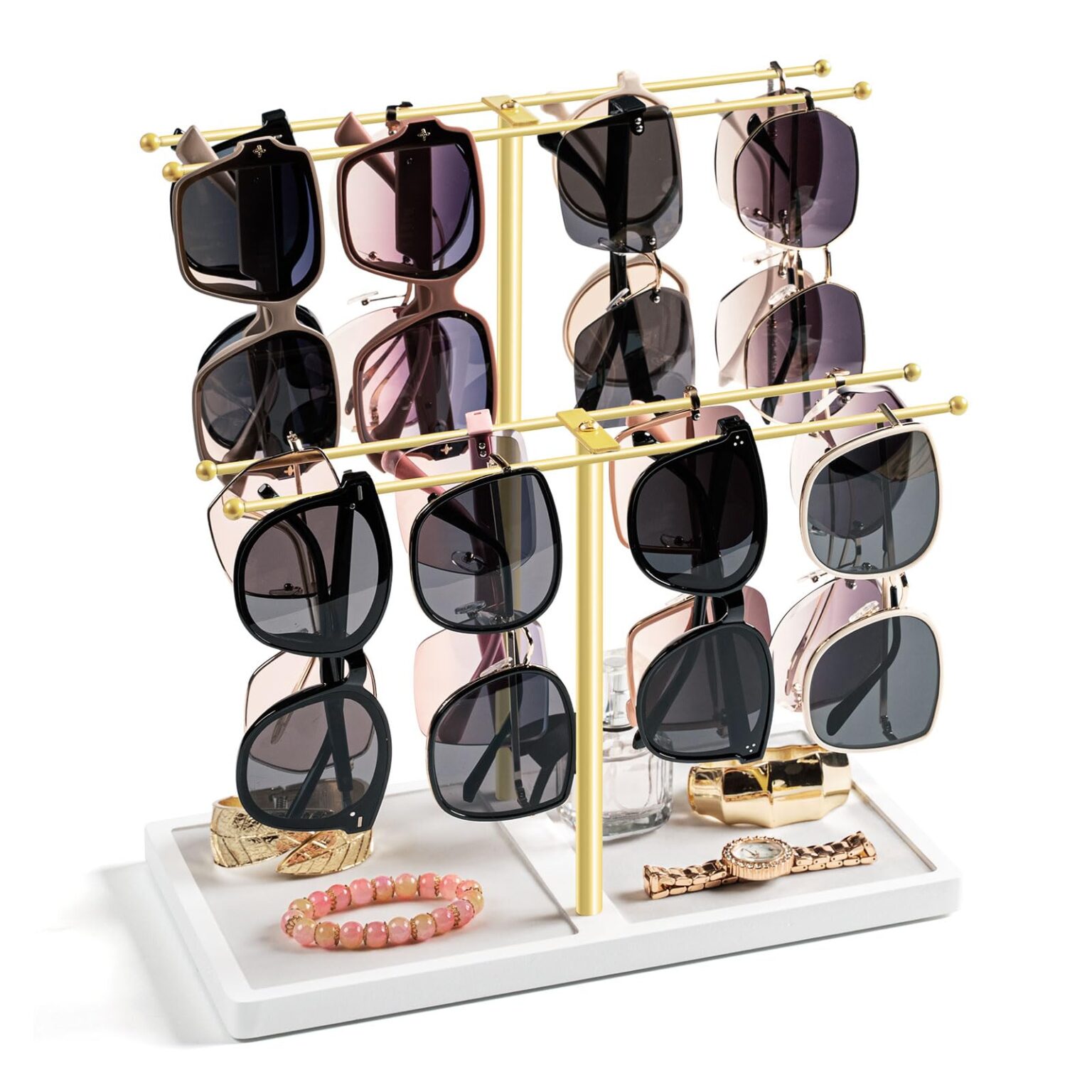Emfogo Sunglass Organizer, 2-Tier Sunglasses Display Rack for 16 Pairs of Eyewear, Jewelry Holder Stand with Wood Tray Storage for Earrings, Bracelets, Rings & Watches