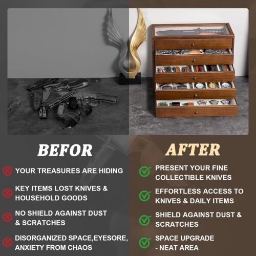 Emfogo 5-Tier Large Knife Display Case & Organizer, Wooden Pocket Knife Storage Box with Transparent Lid, Collector-Grade Holder for Folding Knives and Daggers, Ideal Men‘s Gift