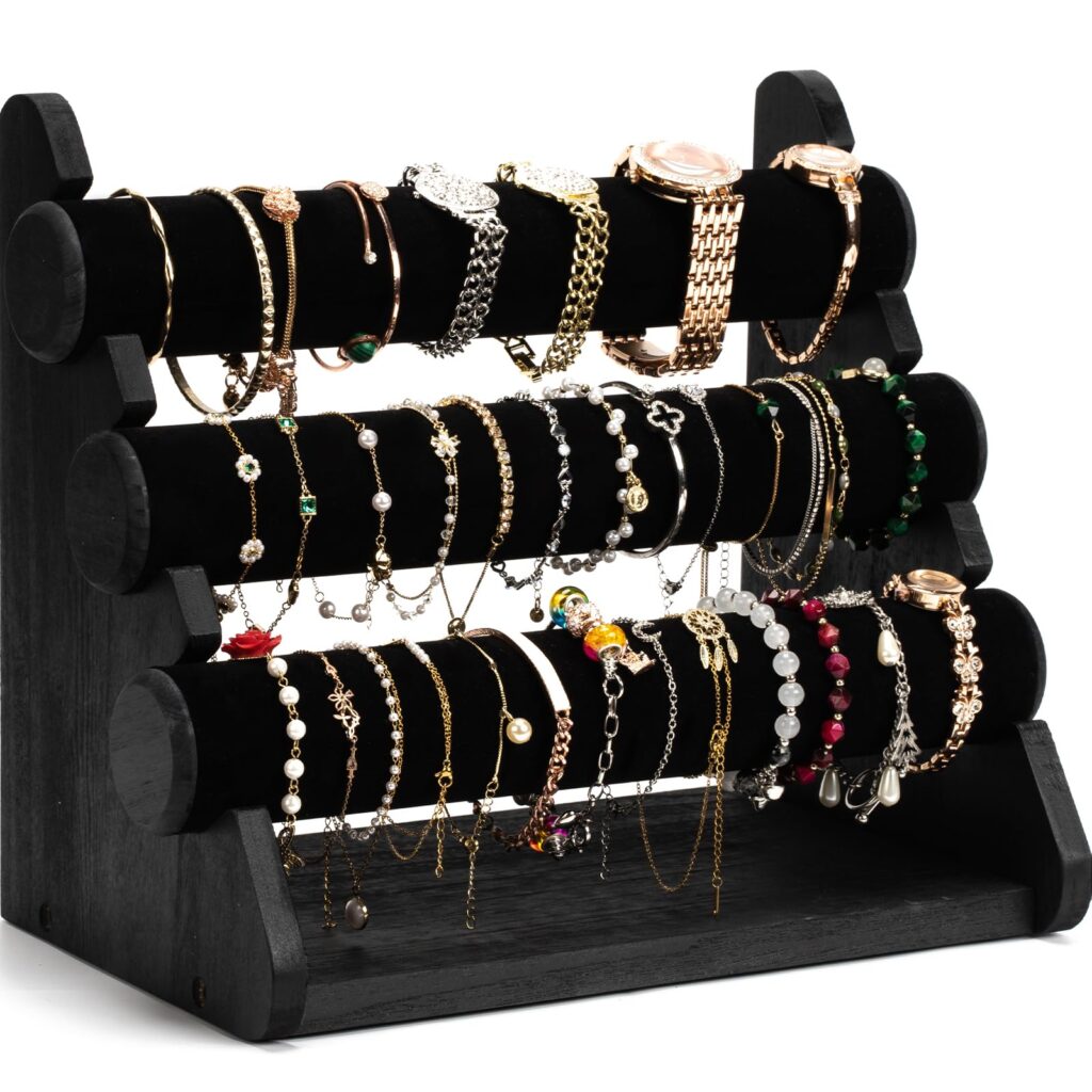 Emfogo Triple Bracelet Holder Wooden Jewelry Display Stand Watch Bangle Bar Necklace Storage Organizer Bangle Scrunchie Organizer Holder for Store, Showcase and Home Storage