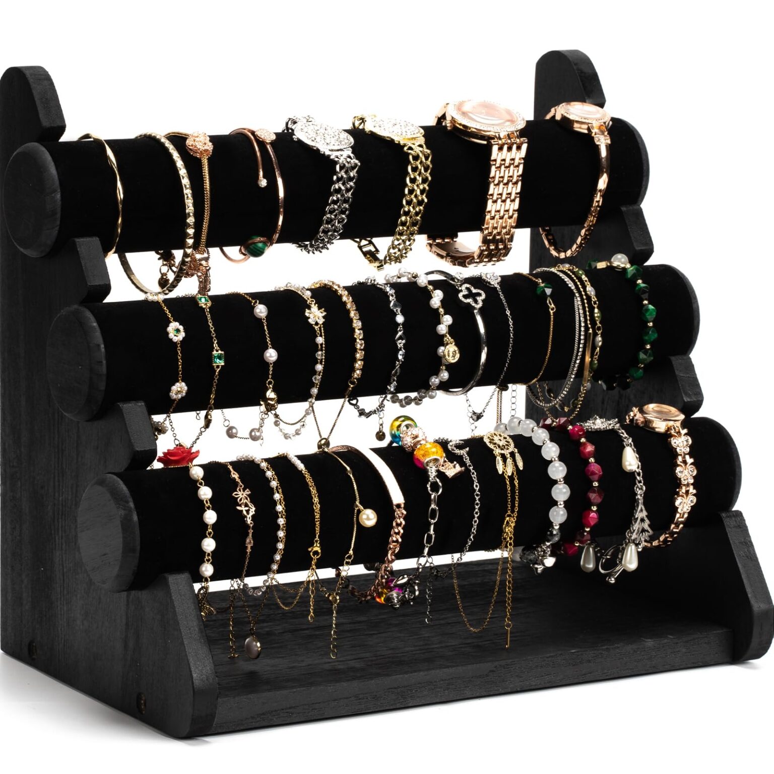 Emfogo Triple Bracelet Holder Wooden Jewelry Display Stand Watch Bangle Bar Necklace Storage Organizer Bangle Scrunchie Organizer Holder for Store, Showcase and Home Storage