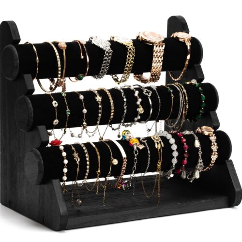 Emfogo Triple Bracelet Holder Wooden Jewelry Display Stand Watch Bangle Bar Necklace Storage Organizer Bangle Scrunchie Organizer Holder for Store, Showcase and Home Storage
