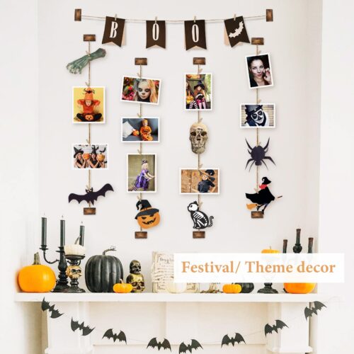 Emfogo Pictures Wall Decor, Wood Hanging Photo Display DIY Decor 5 Strings with 30 Clips, Adjustable Twines fit Multi Photo Wall Display Organizer 35 x 35 inch