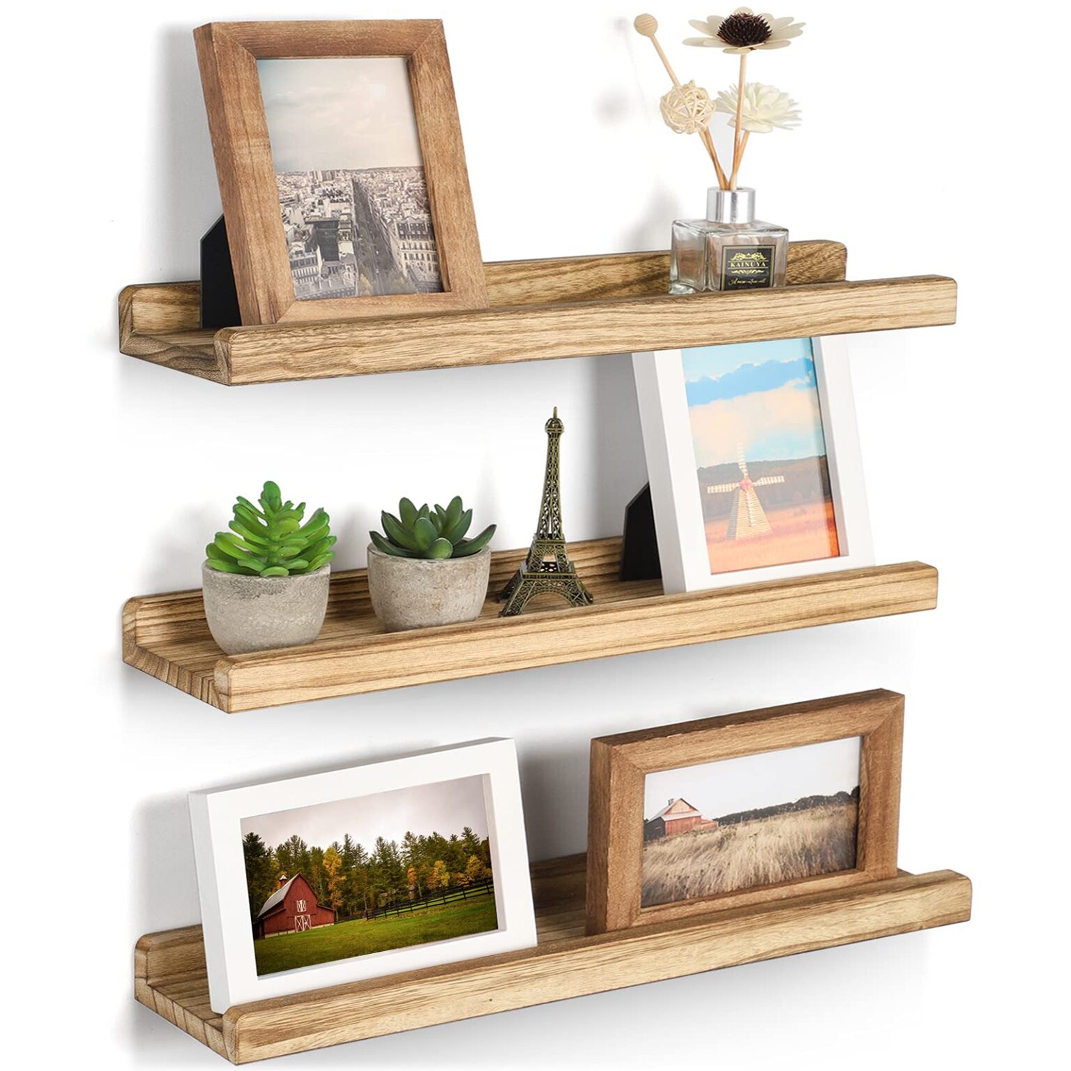 Emfogo Floating Shelves for Wall, 16.9 inch Wood Wall Shelves with Ledge, Floating Shelf Picture Ledge Set of 3 for Living Room Bedroom Kitchen Display and Storage