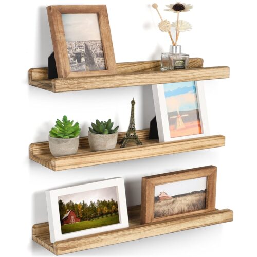 Emfogo Floating Shelves for Wall, 16.9 inch Wood Wall Shelves with Ledge, Floating Shelf Picture Ledge Set of 3 for Living Room Bedroom Kitchen Display and Storage