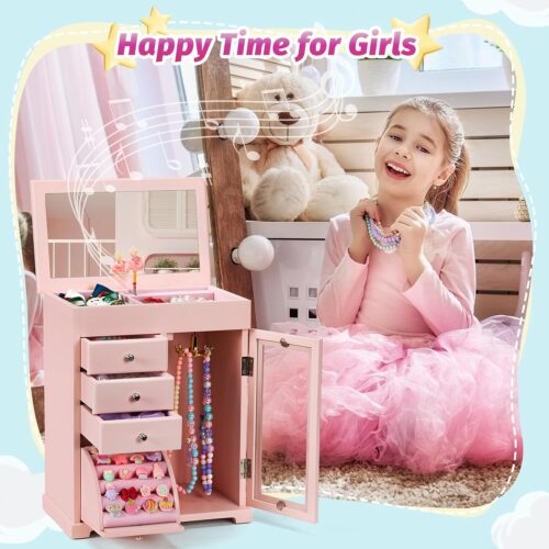 Emfogo Jewelry Box for Girls, Kids Jewelry Box with Spinning Dancer, 5 Layer Large Wooden Musical Jewelry Organizer Box Gifts for Little Girls Christmas New Year Birthday