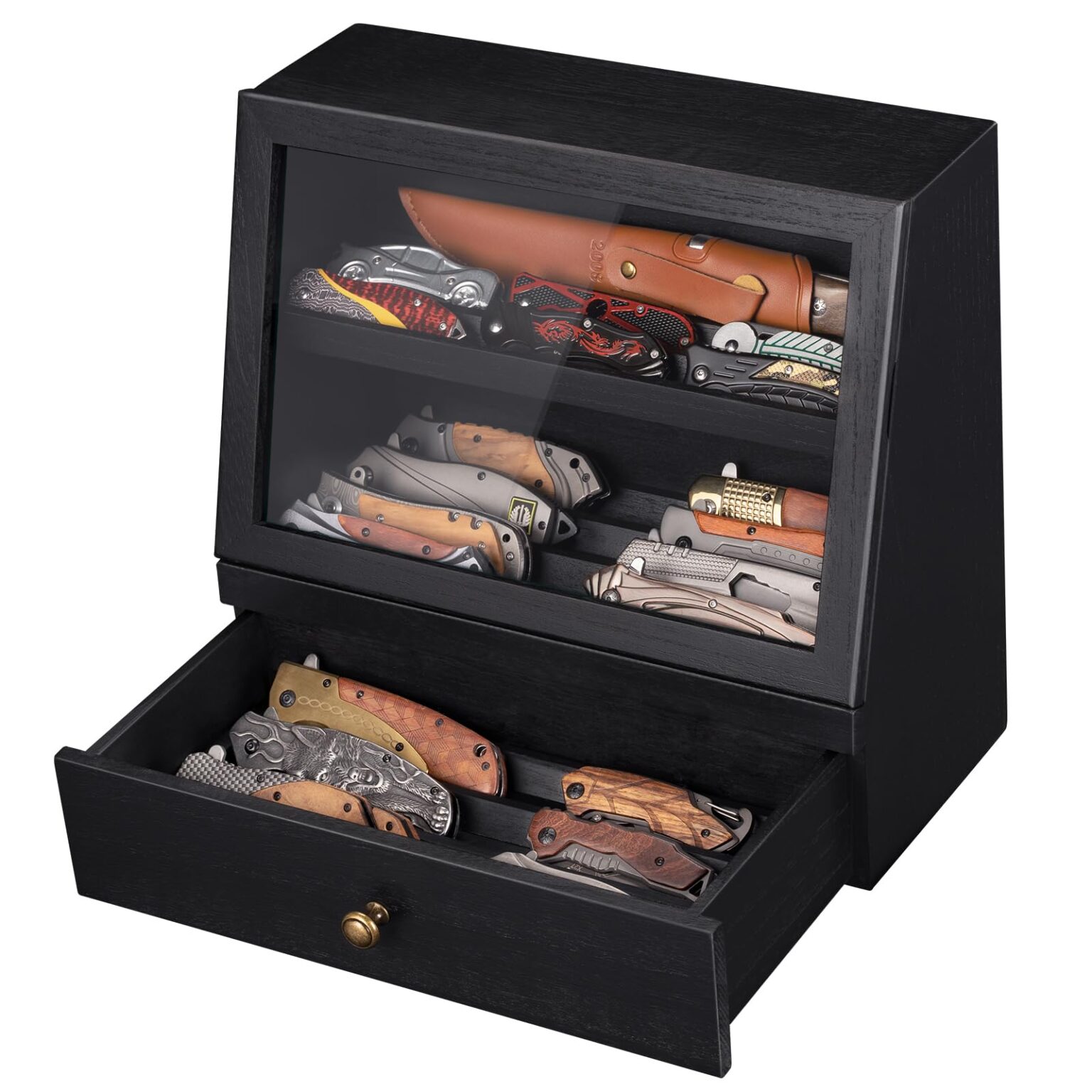 Emfogo Wooden Pocket Knife Display Case with Clear Lid - Black