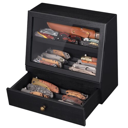Emfogo Wooden Pocket Knife Display Case with Clear Lid - Black