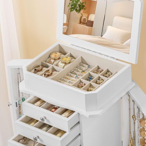 Emfogo Standing Jewelry Armoire Cabinet, Large Standing Jewelry Organizer Box with Top Flip Mirror, 7 Drawers & 2 Side Doors, Jewelry Chest for Rings Earrings Necklaces Bracelets