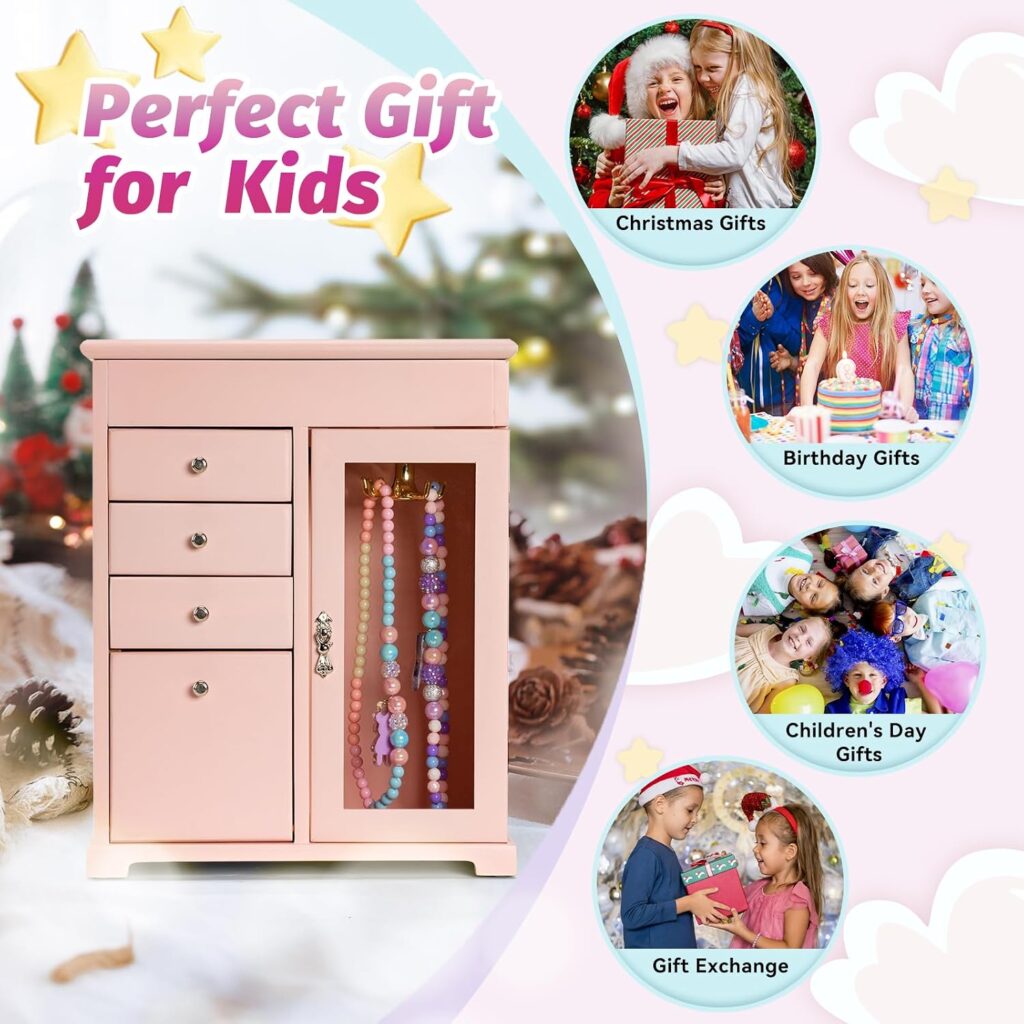 Emfogo Jewelry Box for Girls, Kids Jewelry Box with Spinning Dancer, 5 Layer Large Wooden Musical Jewelry Organizer Box Gifts for Little Girls Christmas New Year Birthday
