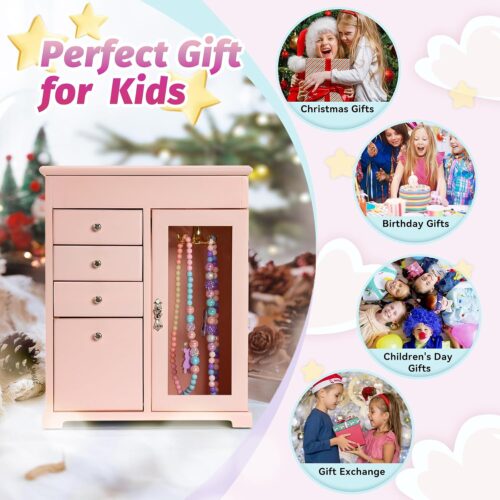 Emfogo Jewelry Box for Girls, Kids Jewelry Box with Spinning Dancer, 5 Layer Large Wooden Musical Jewelry Organizer Box Gifts for Little Girls Christmas New Year Birthday