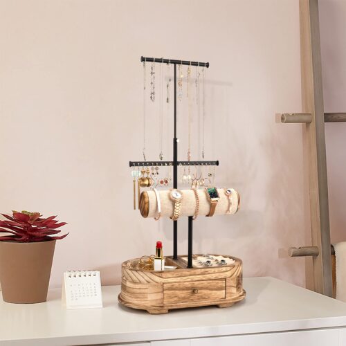 Emfogo Jewelry Organizer Tree Stand Wood Basic Jewelry Drawer Storage Box with Double Rods & 3 Tier Jewelry Holder Bracelet Organizer Necklaces Earring Ring Display
