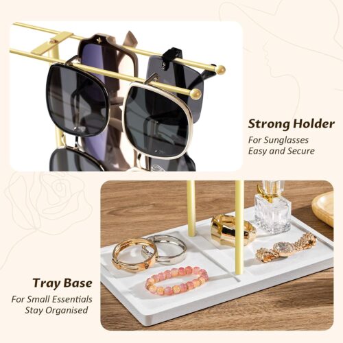 Emfogo Sunglass Organizer, 2-Tier Sunglasses Display Rack for 16 Pairs of Eyewear, Jewelry Holder Stand with Wood Tray Storage for Earrings, Bracelets, Rings & Watches